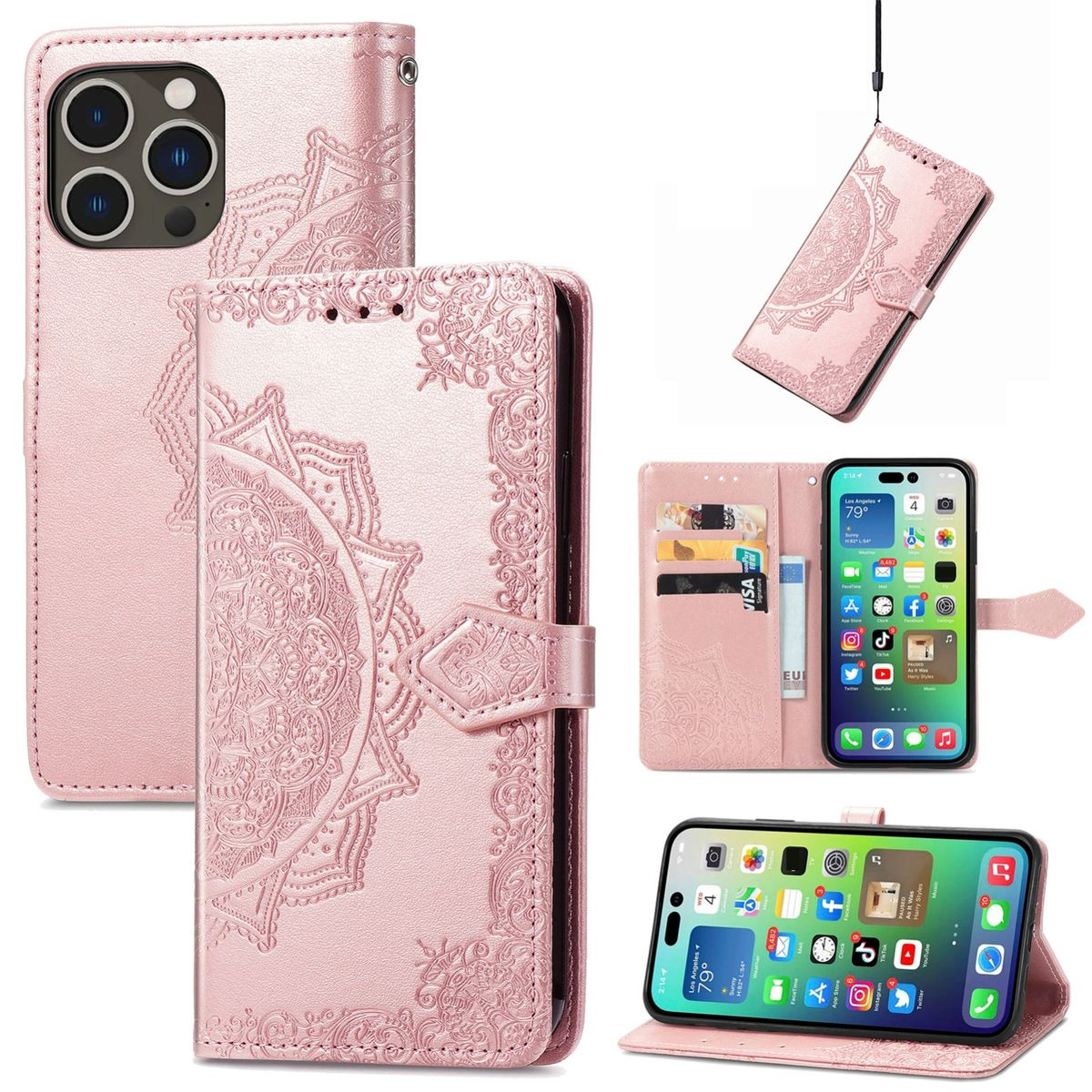 Eine rosa Handyhülle mit Mandala-Design und einem Handy darin. Die Hülle ist geöffnet, um das Telefon anzuzeigen.