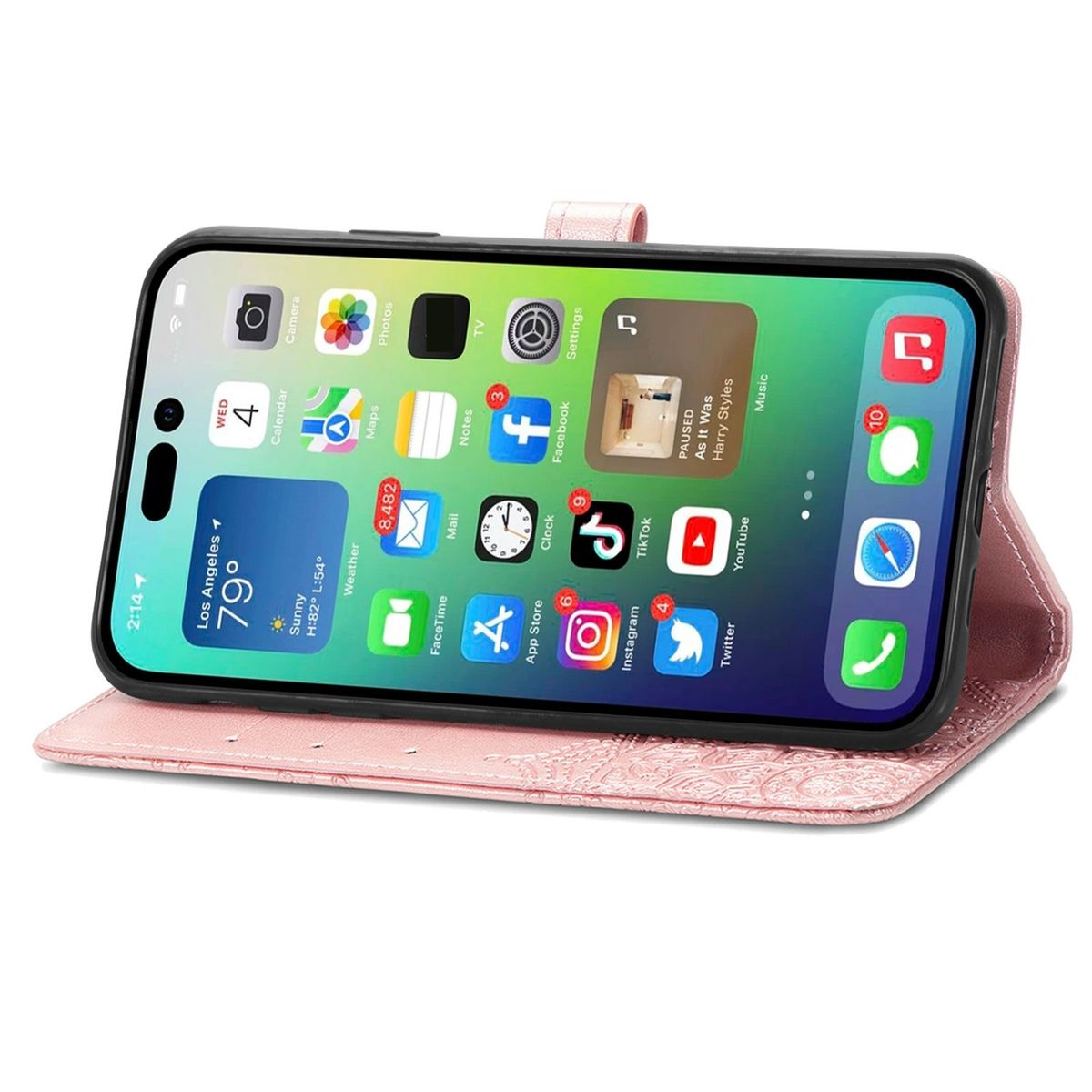 Ein Telefon in einer pinkfarbenen Hülle, offen, mit Homescreen und App-Symbolen. Das Hüllendesign hat ein Blumenmuster.