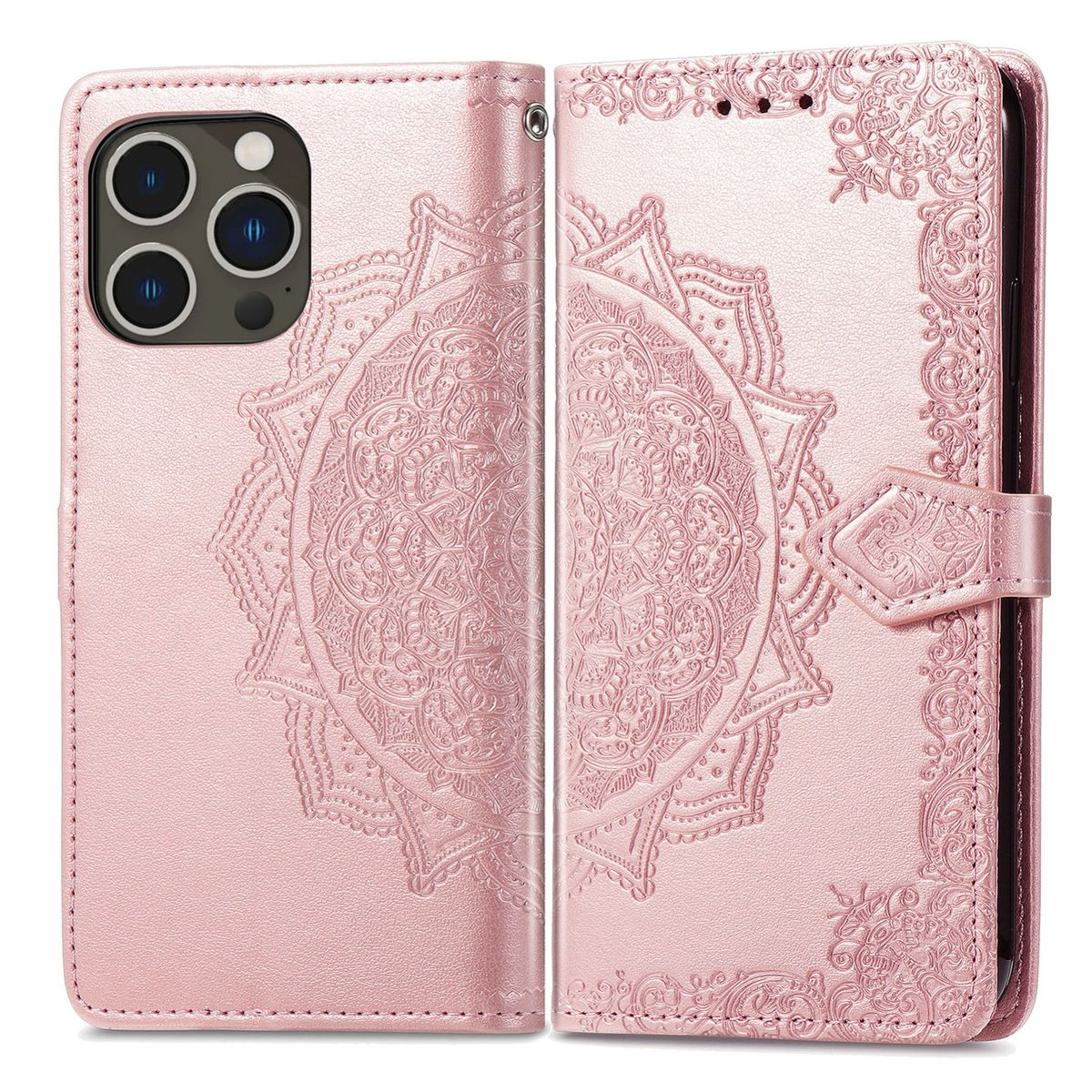 Rosa Handyhülle mit geprägtem Mandala-Design. Offen, zeigt Handy und Verschluss. Hellrosa Hintergrund.