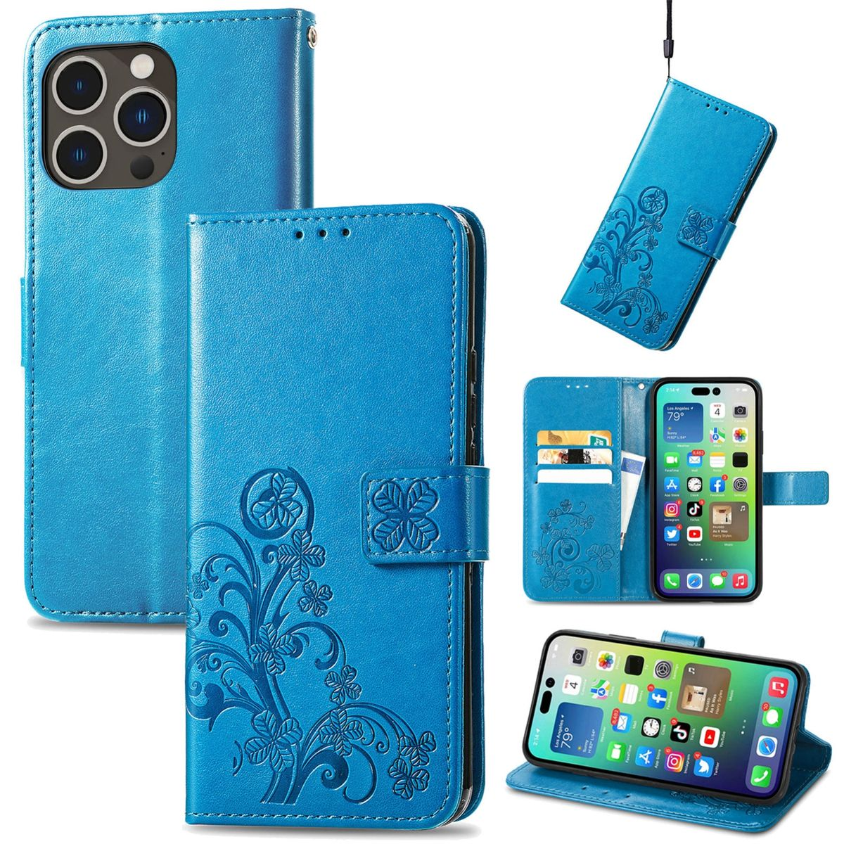 Blaue Handyhülle mit floralem Design, verschiedene Ansichten und ein weißer Hintergrund. Ein Telefon ist sichtbar.