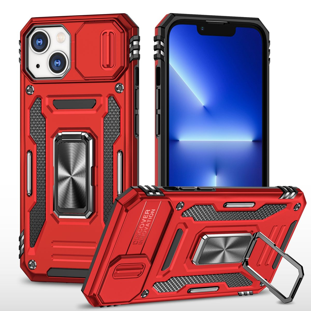 Rote Handyhülle mit Metallringständer auf weißem Hintergrund, mit Telefon.