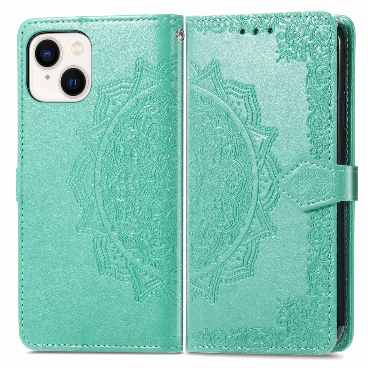 Türkisfarbene Handyhülle mit Mandala-Design. Die Hülle ist offen und zeigt das Telefon und einen Verschluss.