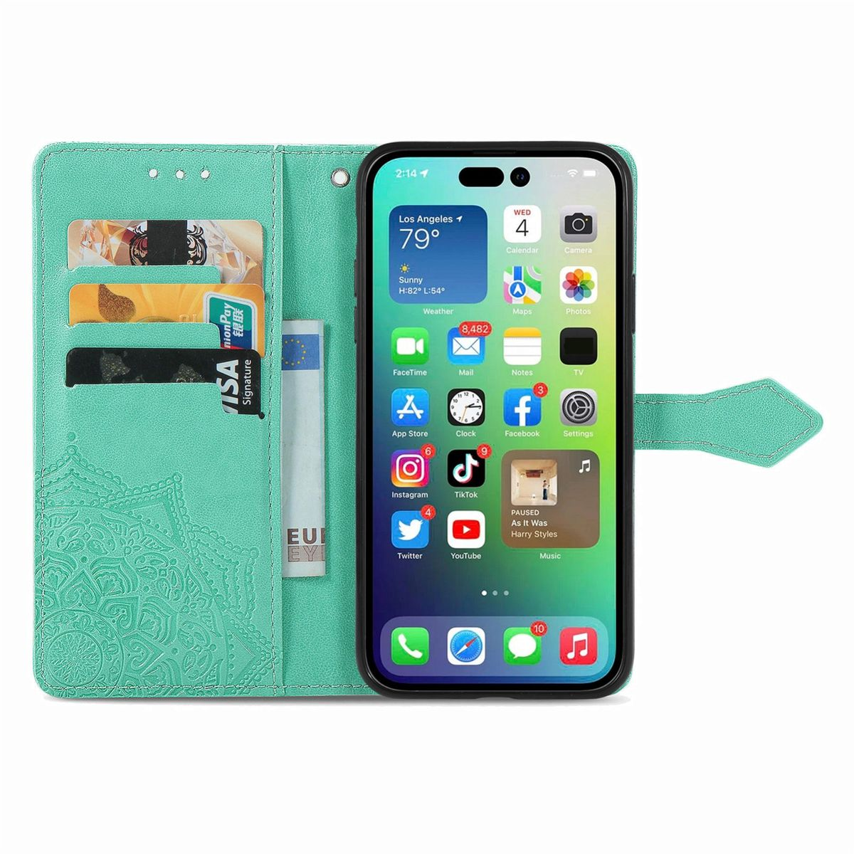 Geöffnete türkis Handyhülle mit Karten und einem Telefon, das App-Symbole zeigt.