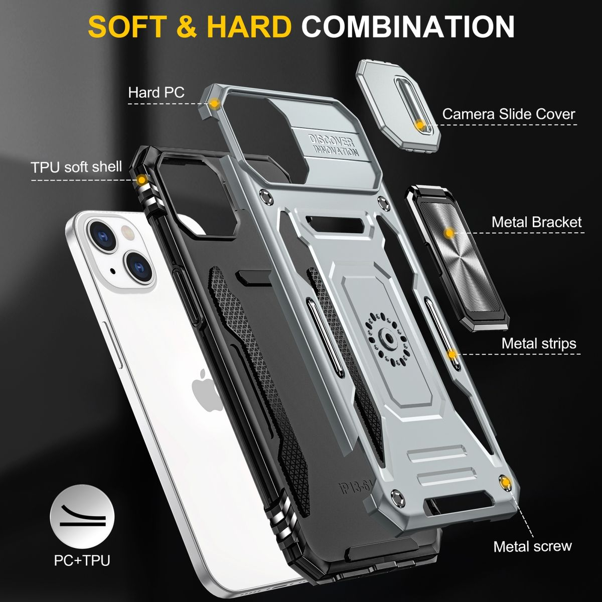 Komponenten einer Handyhülle. Ein Telefon mit klarer Rückseite, ein grauer Rahmen und schwarze und silberne Metallelemente.