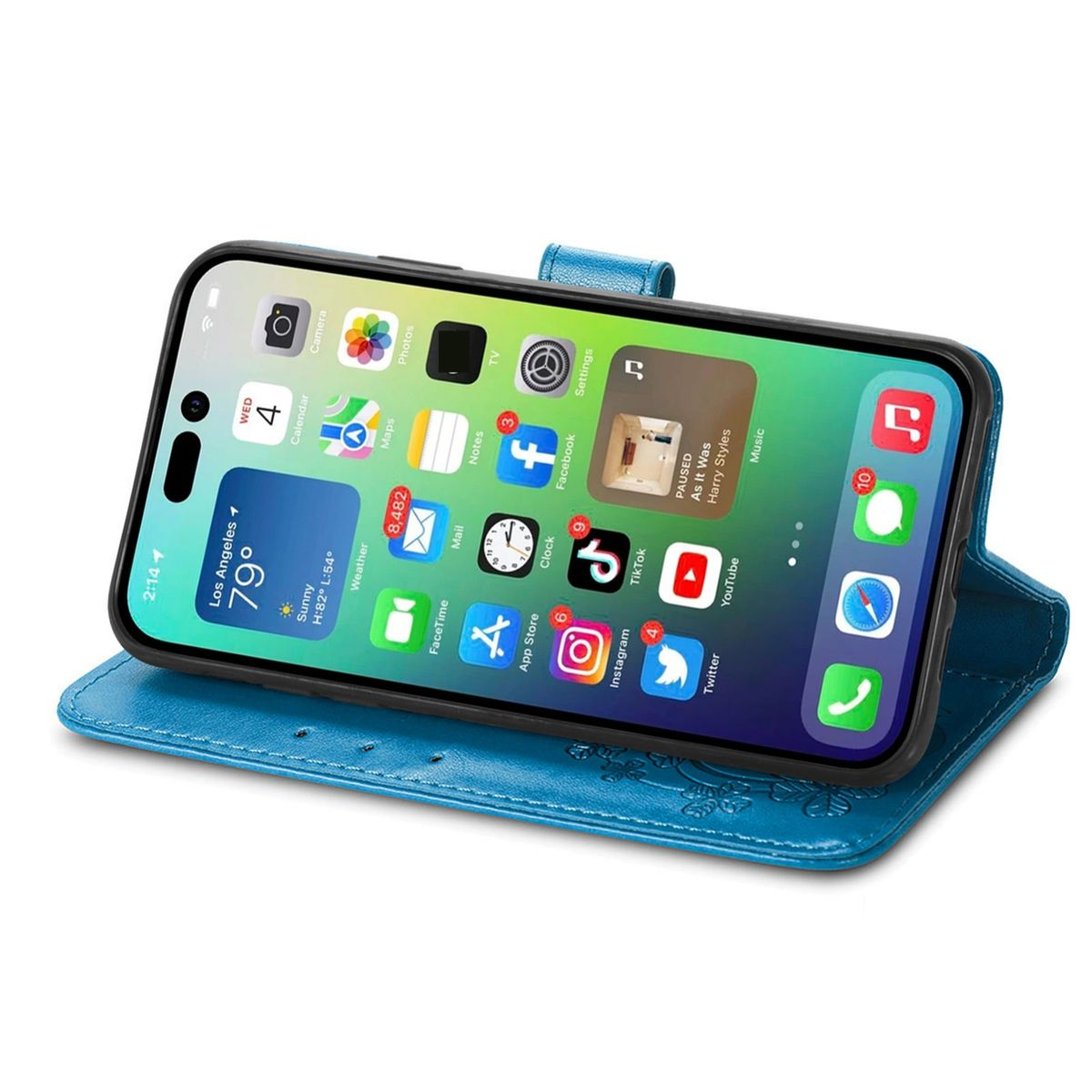 Blaue Handyhülle mit Telefon. Zeigt den Startbildschirm des Telefons mit Apps. Weißer Hintergrund.