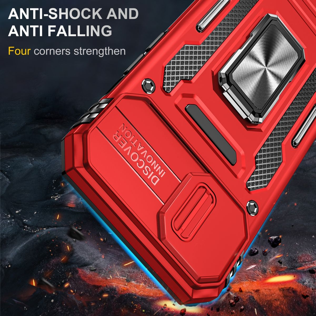 Rote Handyhülle mit Anti-Schock-Funktionen und Metallringhalter.