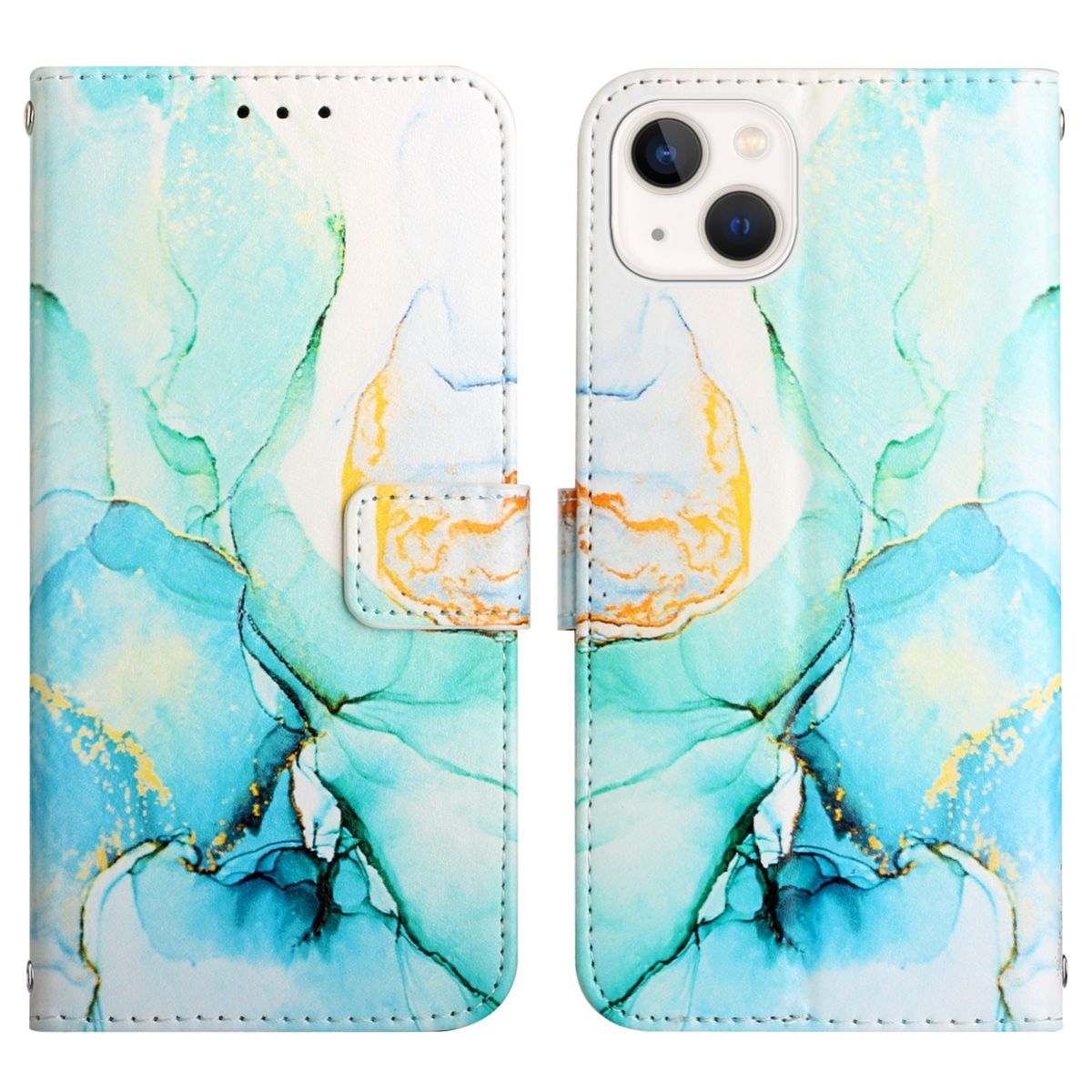Geöffnete Handyhülle mit blau-grünem Marmormuster und Telefon.