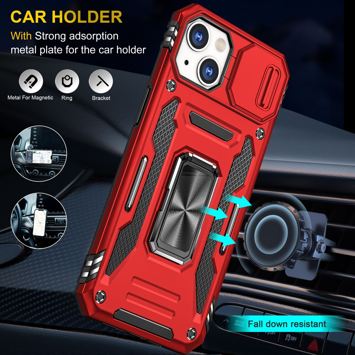 Rote Handyhülle mit Magnetring und Autohalterungsdetails. Text: CAR HOLDER & Merkmale.