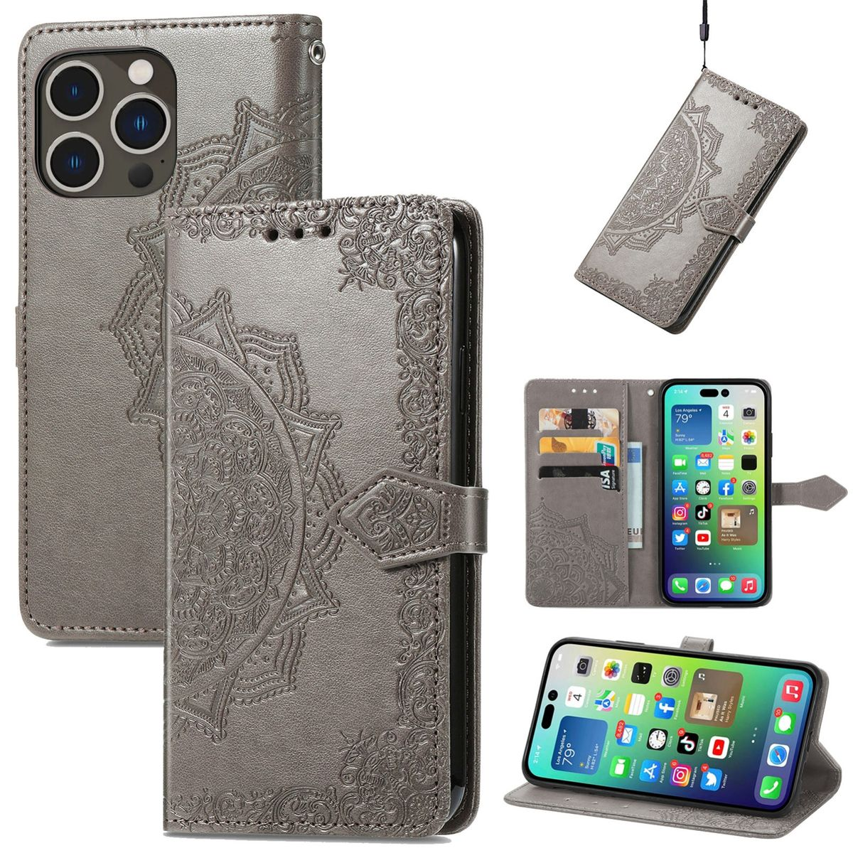 Eine graue Handyhülle mit einem gemusterten Design. Die Hülle erscheint in mehreren Ansichten, geöffnet und geschlossen, mit einem Telefon im Inneren.