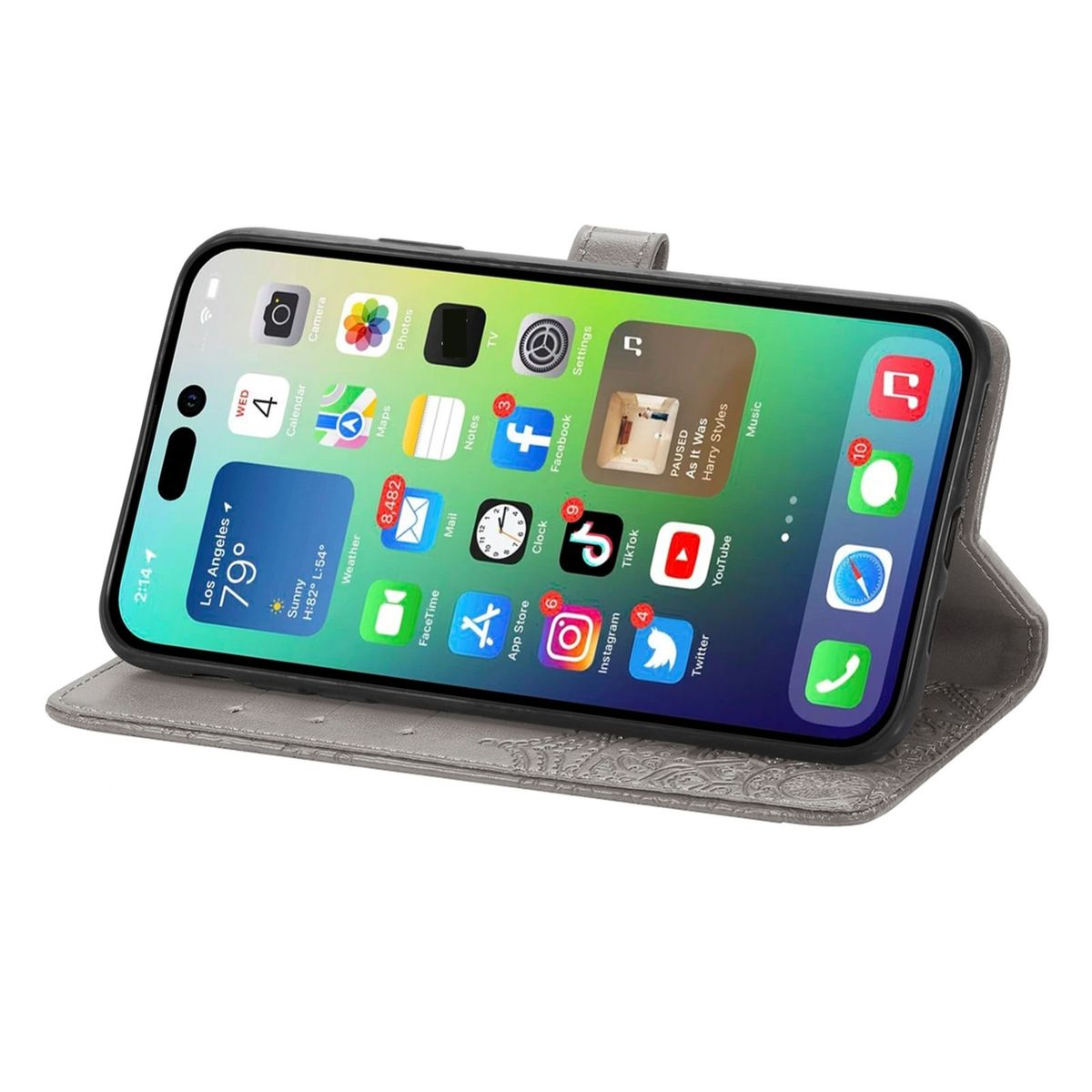 Eine graue Handyhülle mit einem Telefon, das den Startbildschirm mit Apps zeigt.