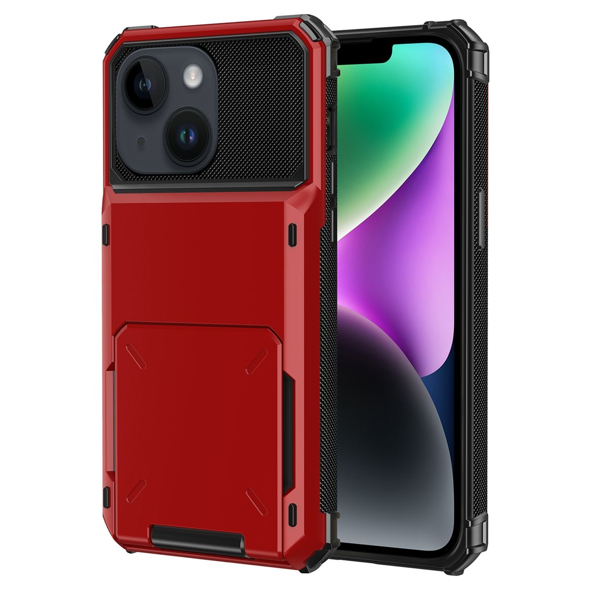 Rote Handyhülle. Hat einen Kartenhalter. Das Telefon ist schwarz. Rote und schwarze Akzente. Weißer Hintergrund.