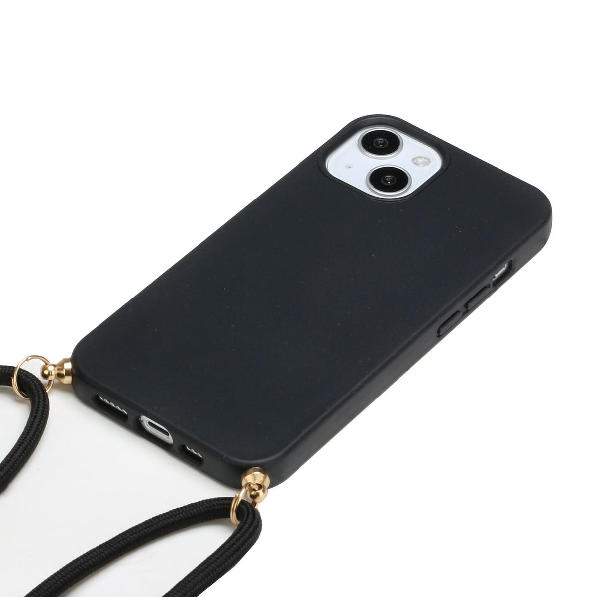 Schwarze Handyhülle mit schwarzem Lanyard. Weißer Hintergrund.