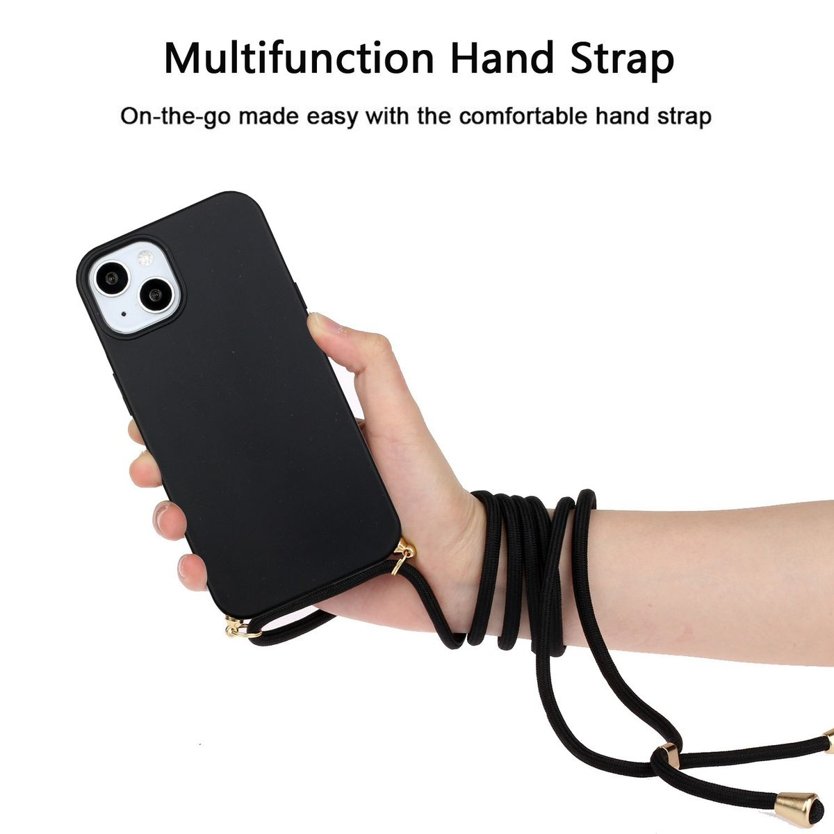 Eine Hand, die ein schwarzes Telefon mit einem angebrachten Gurt hält.