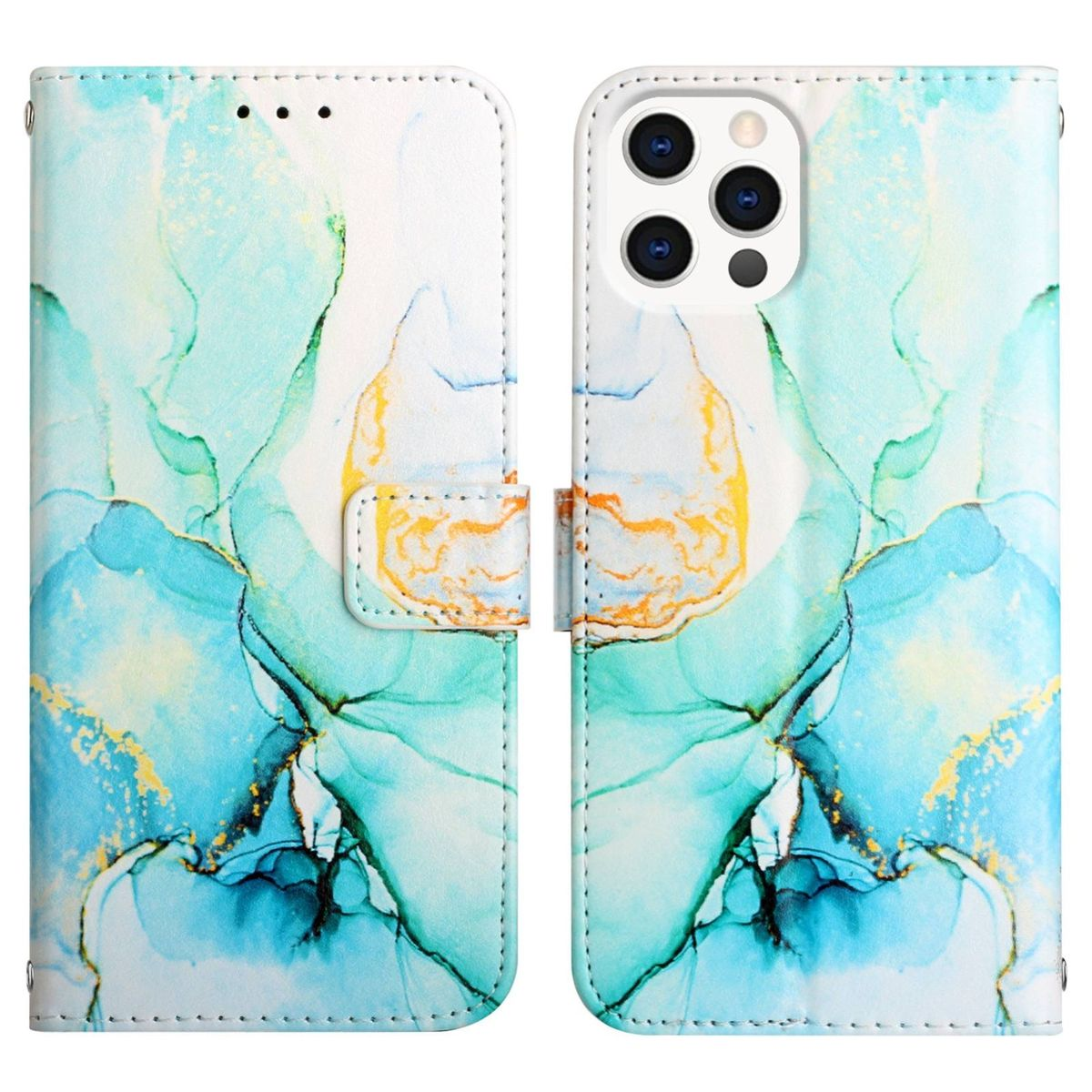 Eine Handyhülle mit farbenfrohem Marmormuster, geöffnet, um das Telefon und das Innendesign zu zeigen.