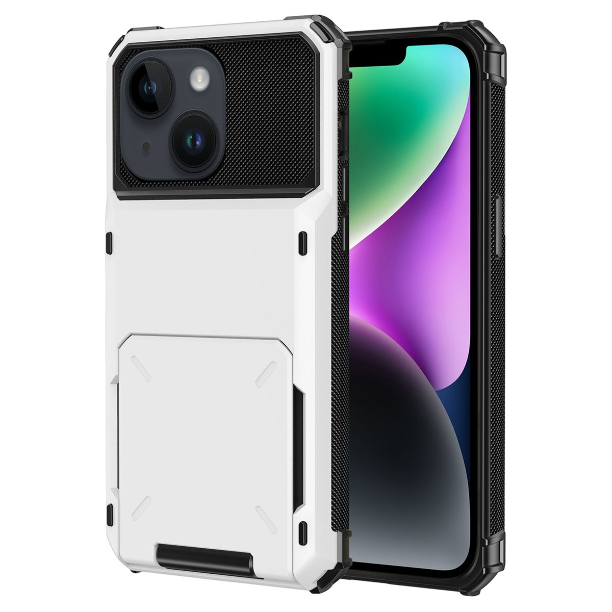 Weiß-schwarze Handyhülle mit Geldbörsenbereich, bedeckt ein Telefon mit grünem Bildschirm.
