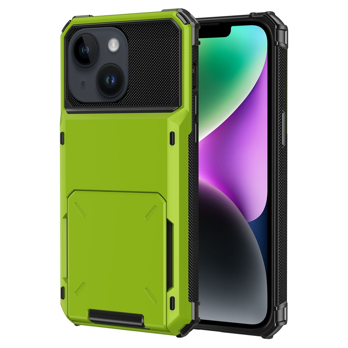 Grün-schwarze Handyhülle mit Geldbörsenbereich, bedeckt ein Telefon mit grünem Bildschirm.