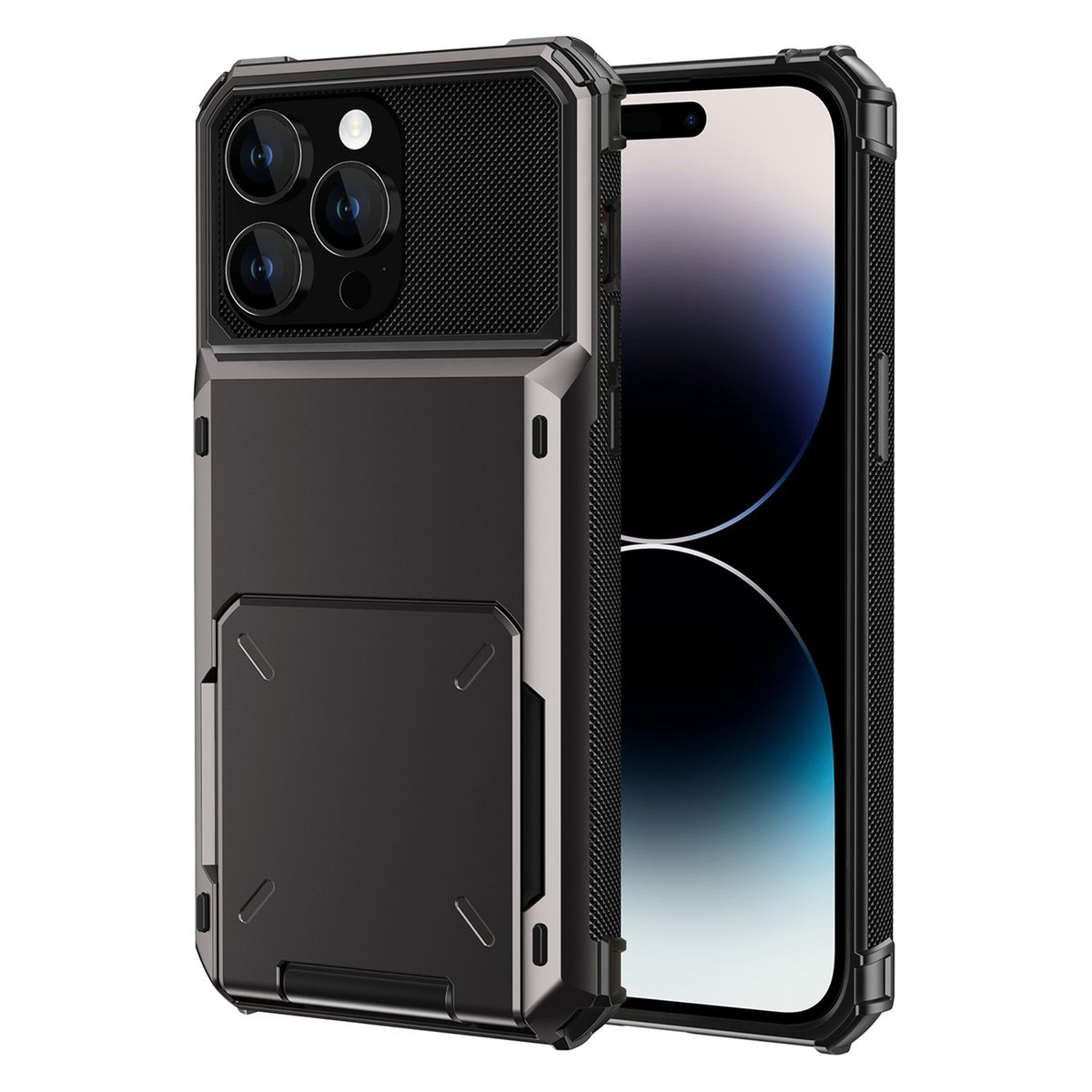 Eine schwarze Handyhülle mit Kartenhalter. Das Telefon hat drei Kameras.