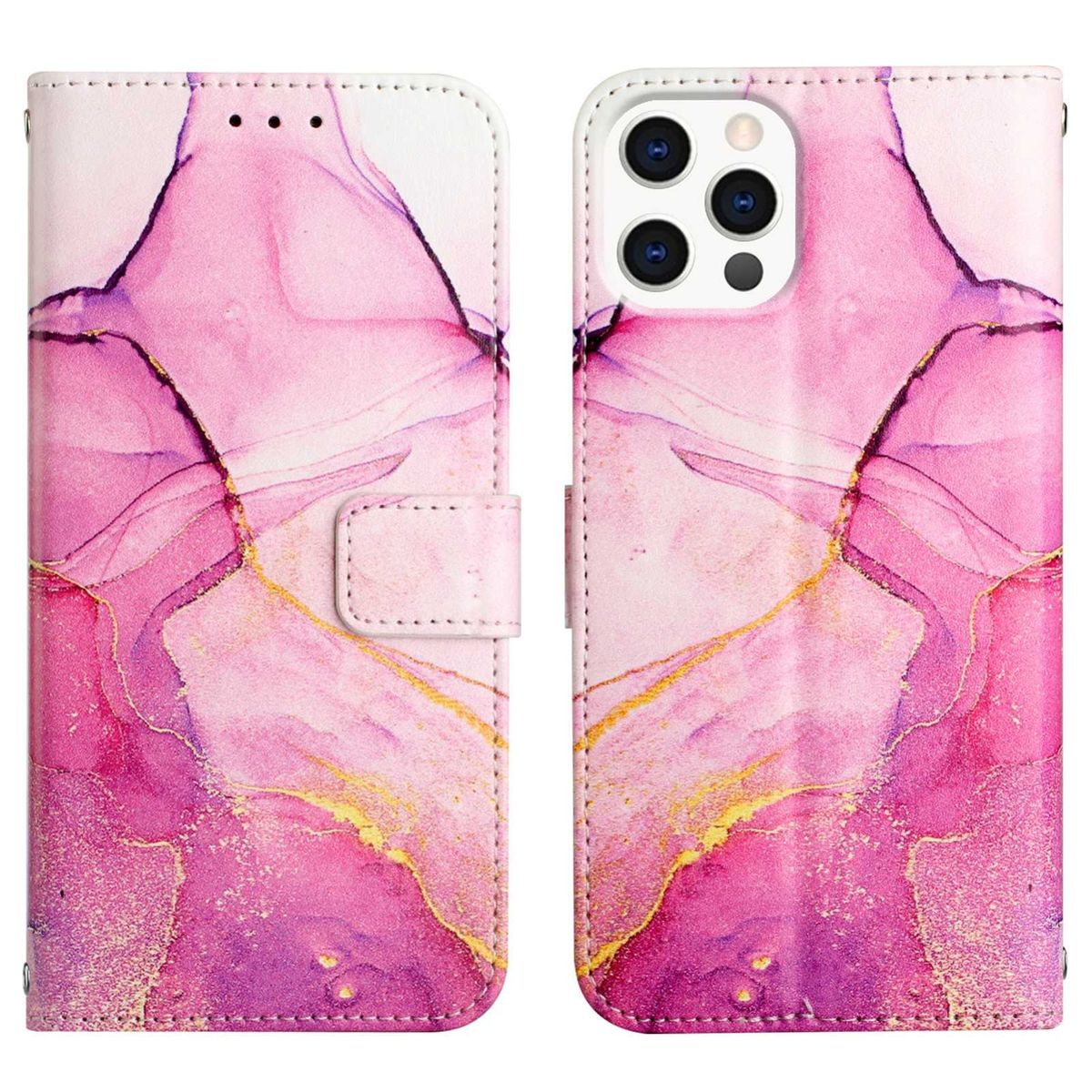 Geöffnete Handyhülle mit rosa Marmormuster. Das Telefon ist innen mit Kamera.