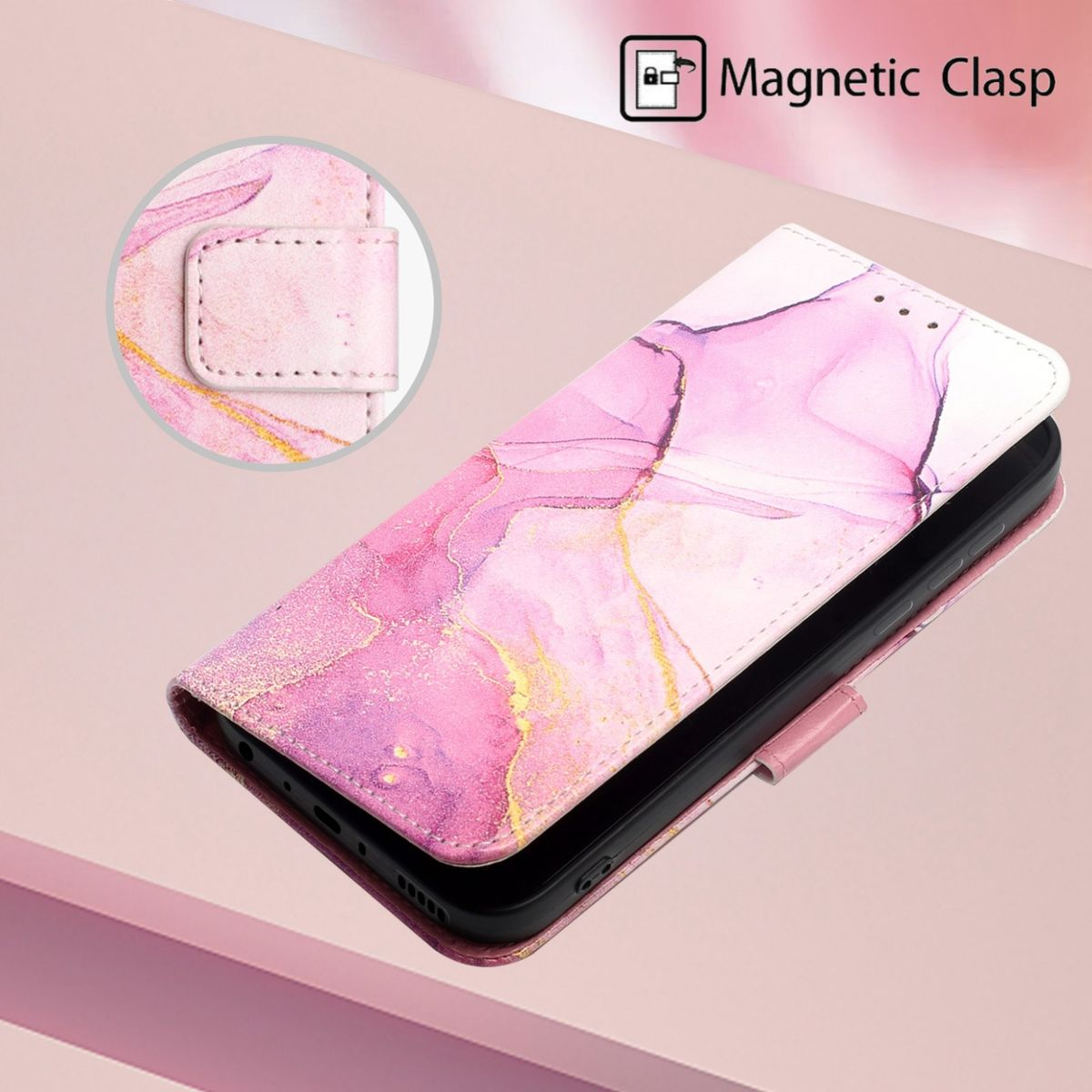 Rosa Handyhülle mit Marmordesign und Magnetverschluss. Weißer Hintergrund.