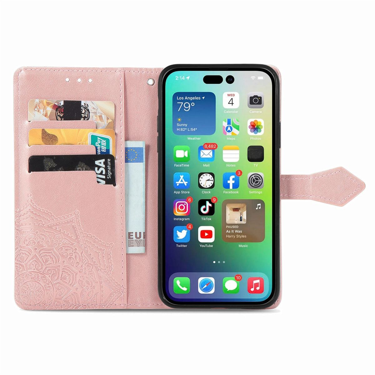 Eine pinke Handyhülle mit einem Telefon darin. Das Telefon zeigt App-Symbole auf seinem Bildschirm an.