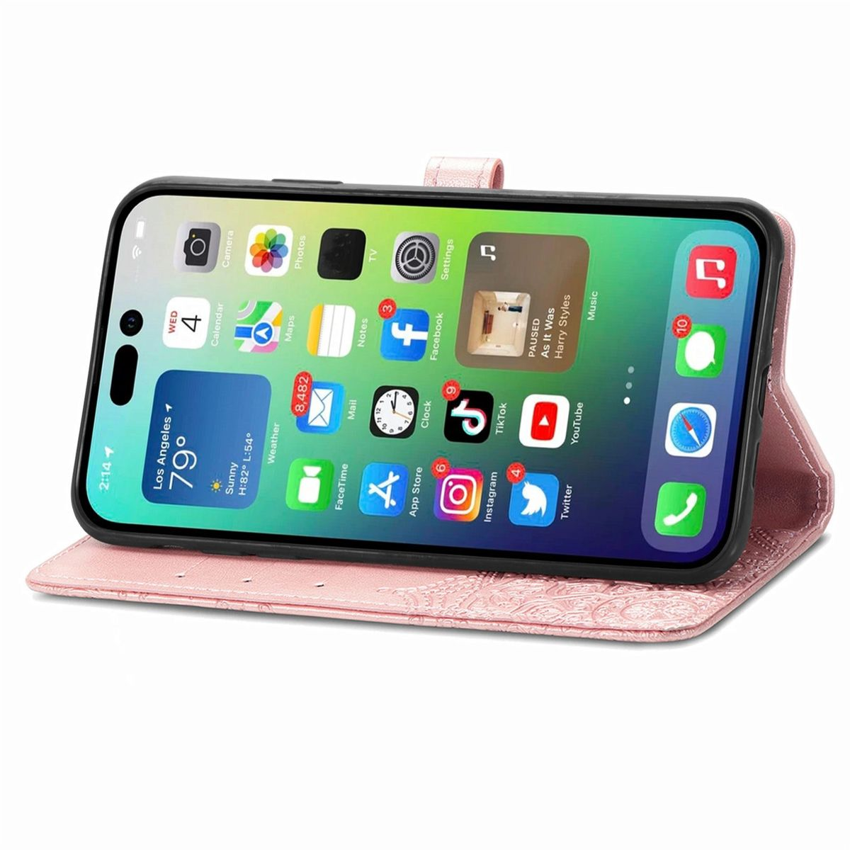 Eine Handyhülle auf einer weißen Oberfläche. Das Telefon ist geöffnet und zeigt den Bildschirm.