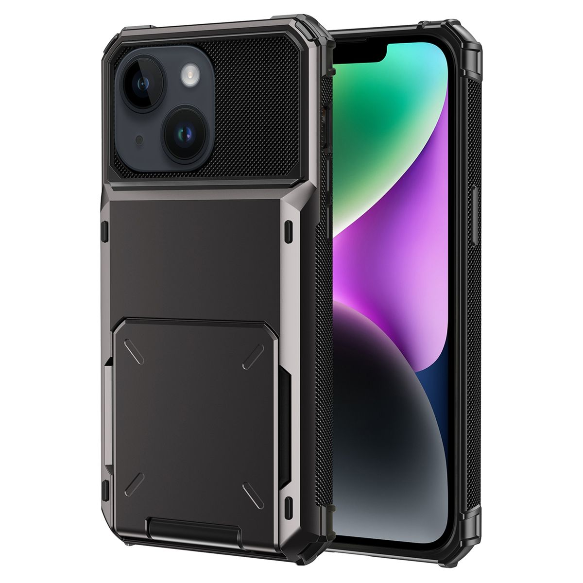 Schwarze Smartphone-Hülle mit Kameraausschnitten und Kartenhalter, schwarzer Rahmen.