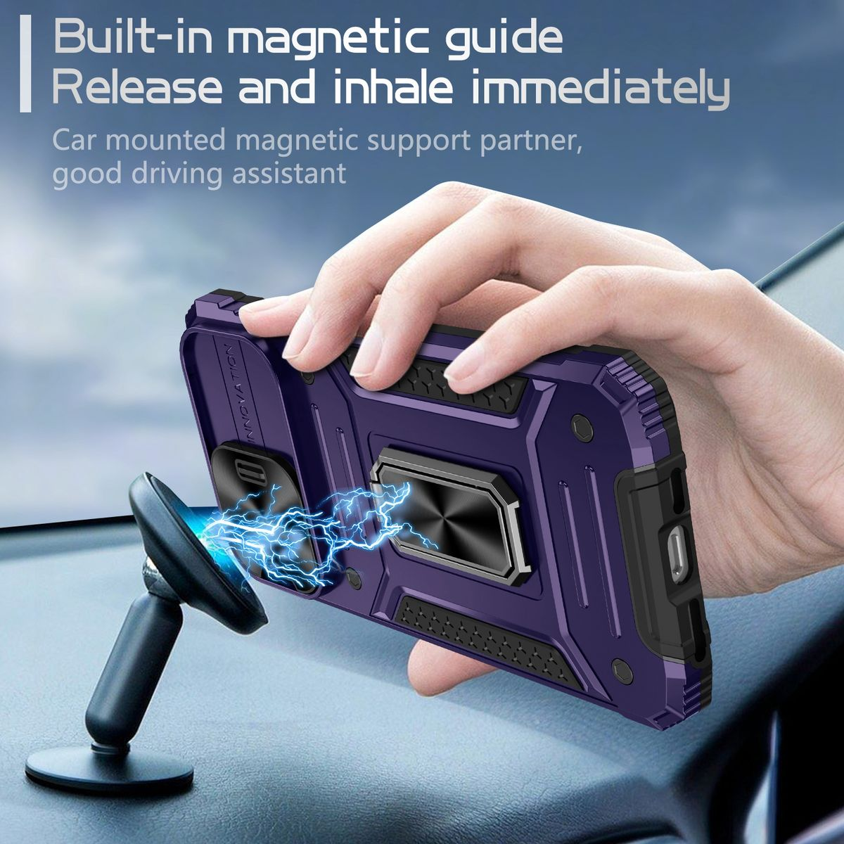 Eine Hand hält ein Telefon mit einer lila Hülle, die an einer Autohalterung befestigt ist. Text erwähnt magnetische Eigenschaften.
