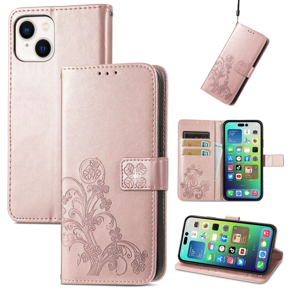 Rosa iPhone-Wallet-Hülle mit Blumendesign, mehrere Ansichten mit einem Telefon darin.
