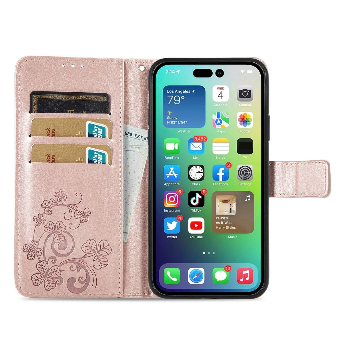 Rosa Handyhülle mit Telefon, das App-Symbole und Karten zeigt.