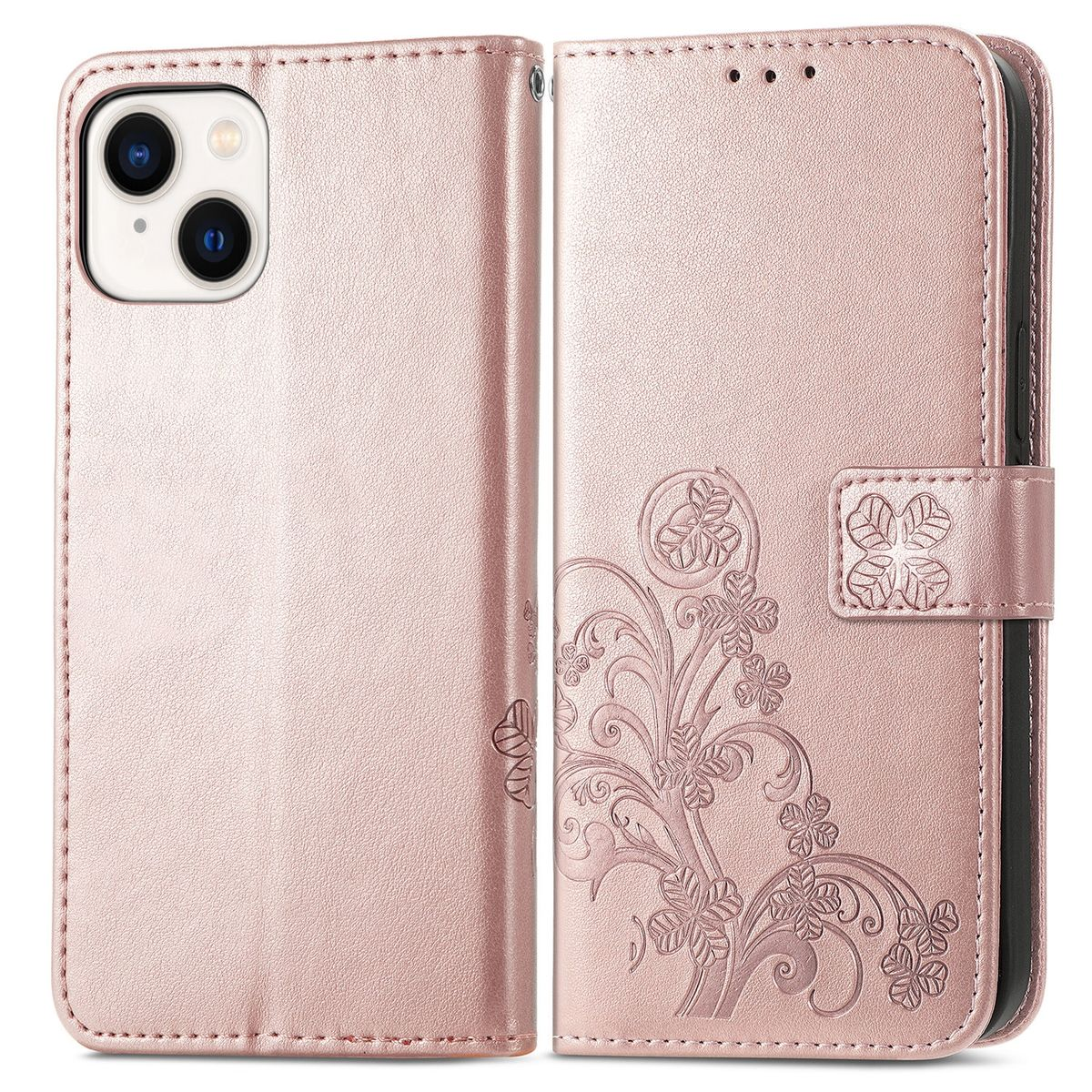 Geöffnete rosa Handy-Brieftasche. Telefon innen, Blumendesign links, mit Verschluss.