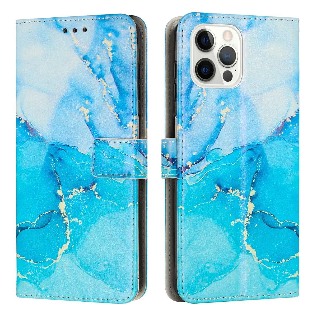 Eine Handyhülle mit blauem Marmordesign, offen. Die Hülle hat goldene Akzente.