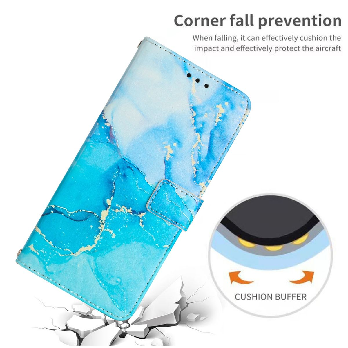 Blau-weißes Handycase mit Marmordesign und einem Puffer zur Verhinderung von Stürzen an den Ecken.