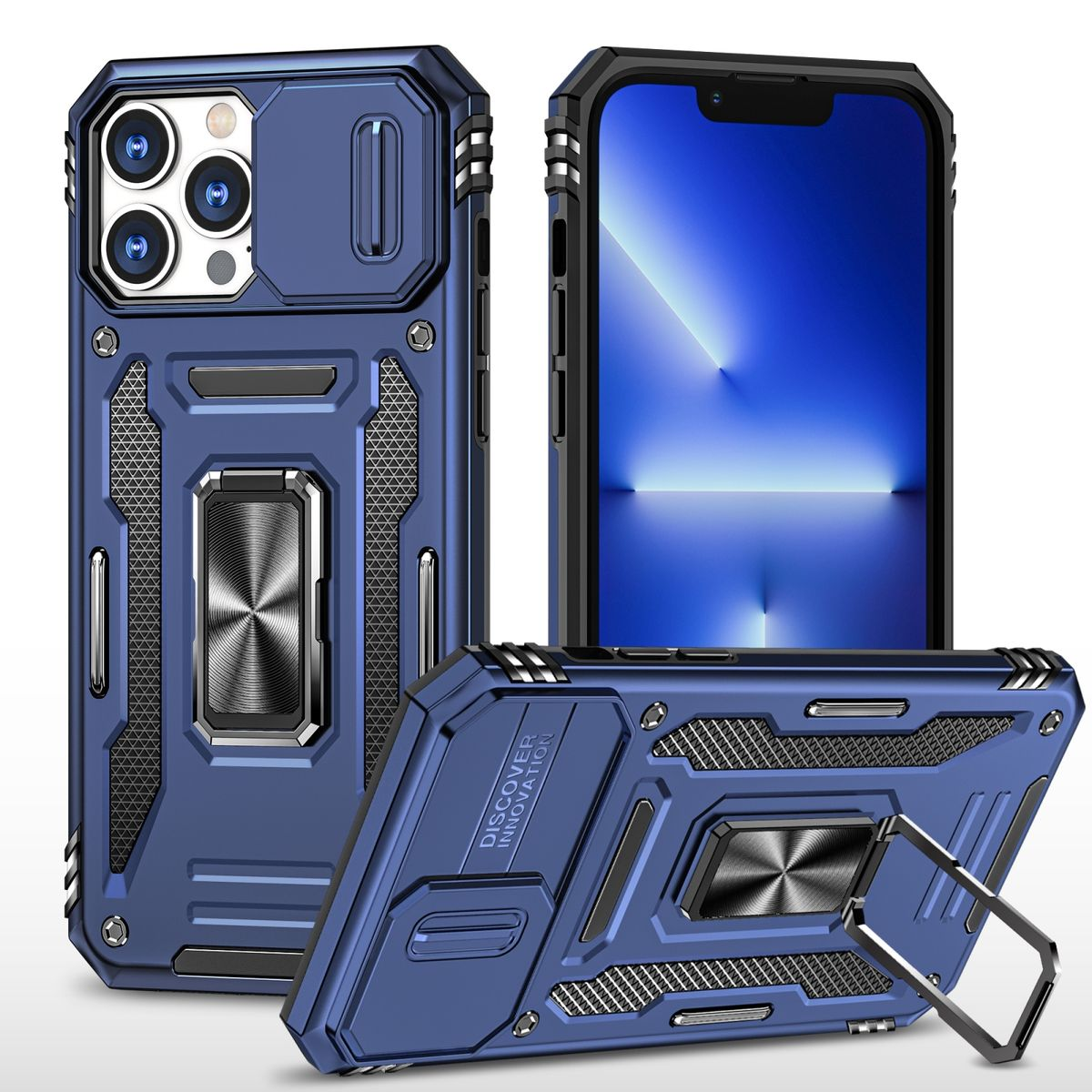 Blaue iPhone-Hülle mit Kameraabdeckung, Ringhalter und Darstellung aus verschiedenen Winkeln.
