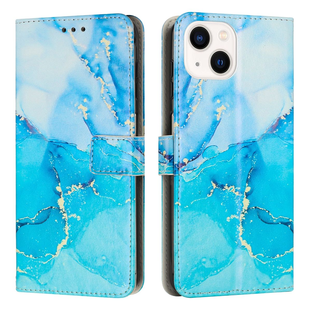 Eine blau-weiße Handyhülle mit Marmordesign. Die Hülle ist geöffnet und zeigt das Telefon im Inneren.