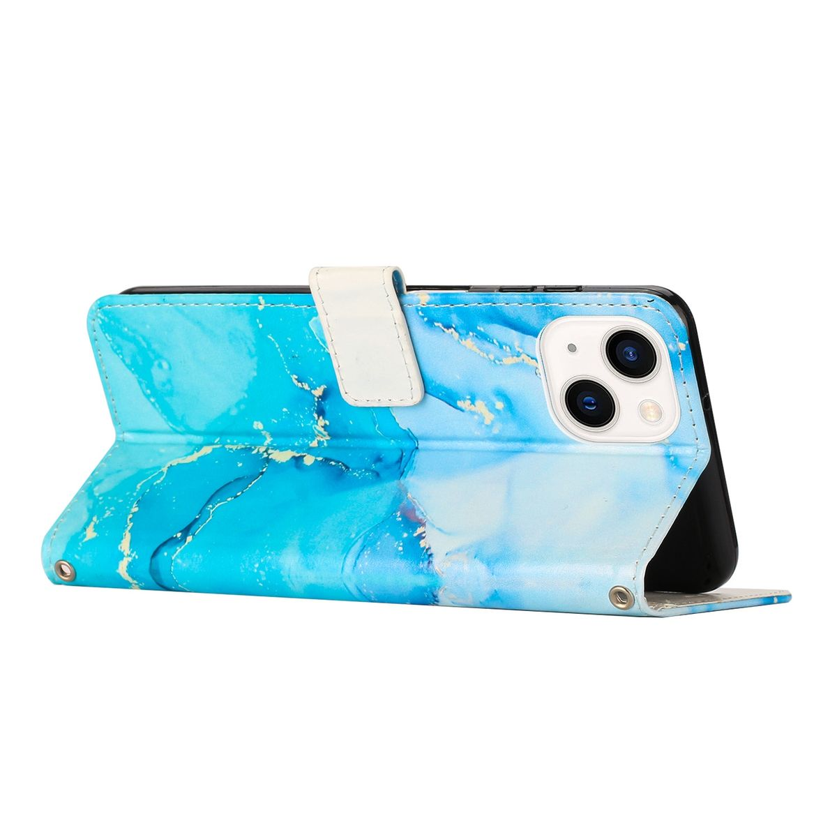 Ein Smartphone in einer blauen Hülle mit Marmormuster und weißem Verschluss, offen, um das Telefon zu zeigen.
