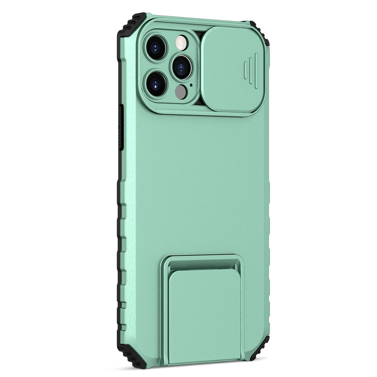 Minzgrüne Handyhülle mit Kameraabdeckung und Ständer. Die Hülle ist robust und schützt das Telefon.