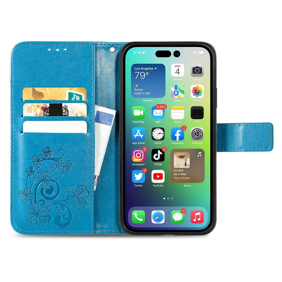 Blaue Handyhülle mit Karten und einem Handy mit Apps. Das Handy ist offen und hat eine blaue Hülle mit Magnetverschluss.