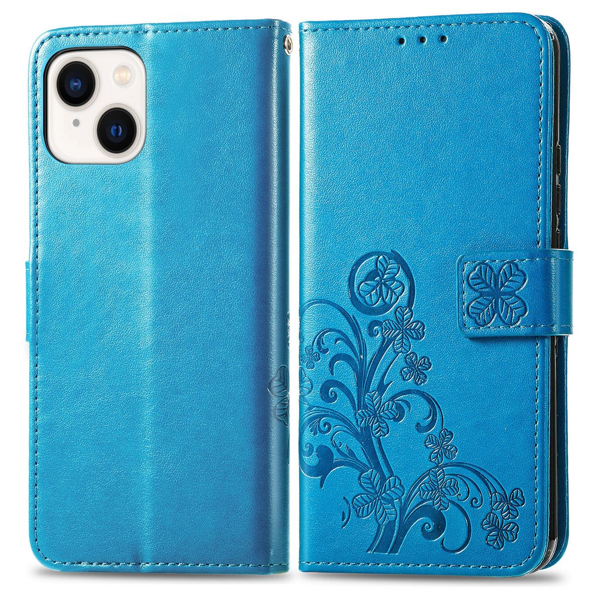 Blaue Handyhülle mit Blumendesign, offen. Ein Telefon ist sichtbar. Die Hülle ist lederartig.