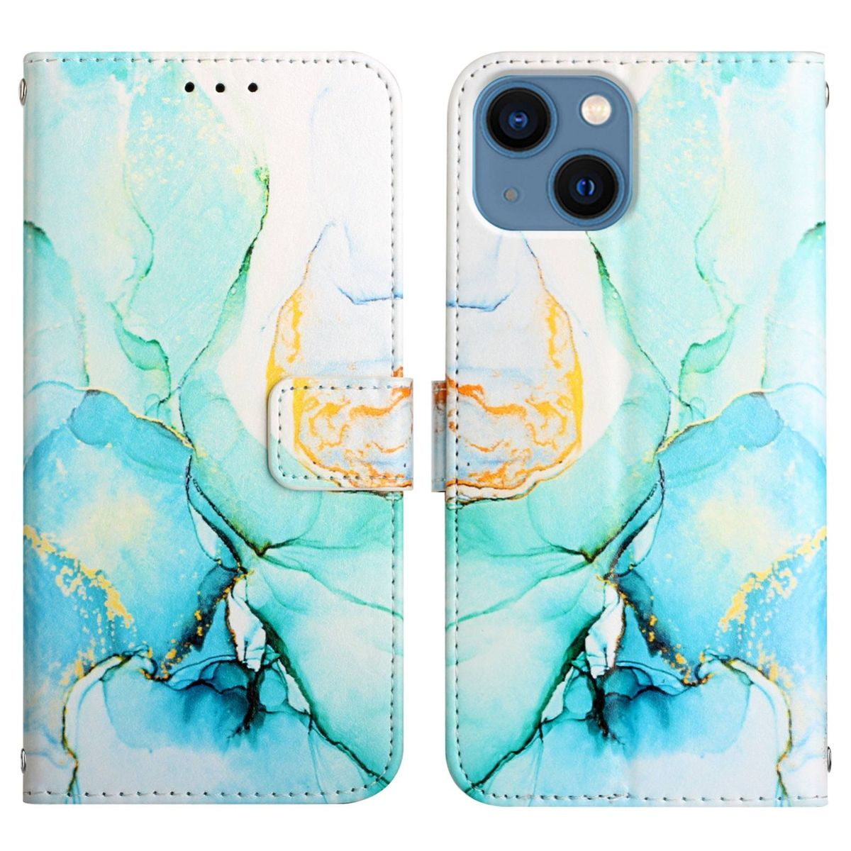 Handyhülle, zweiteilig. Mit abstraktem blau-goldenem Design.
