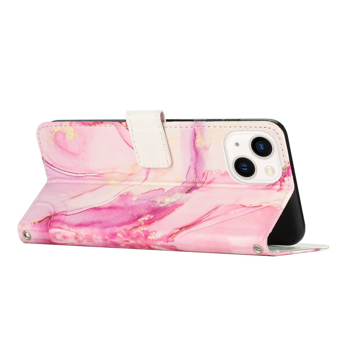 Rosa Marmor-Handyhülle offen, Telefon zeigend. Weißer Riemen. Seitenansicht. Rosa und weißes Farbmuster.