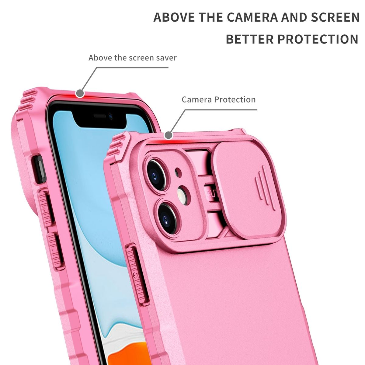 Eine rosa Handyhülle mit Kameraschutz. Der Text lautet 'ABOVE THE CAMERA AND SCREEN'.