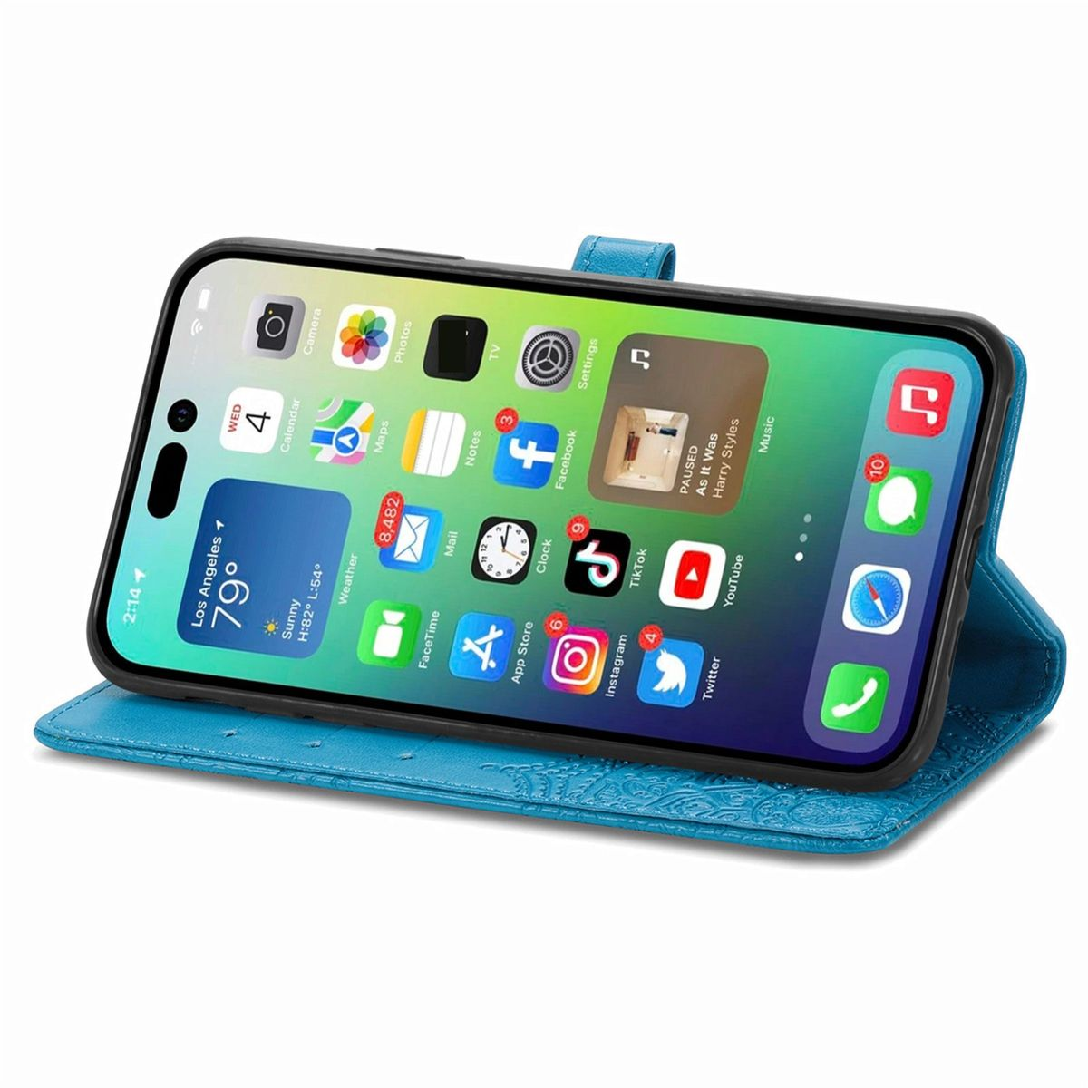 Blaue Handyhülle mit Handy, das App-Symbole anzeigt. Das Handy ist aufgeklappt.