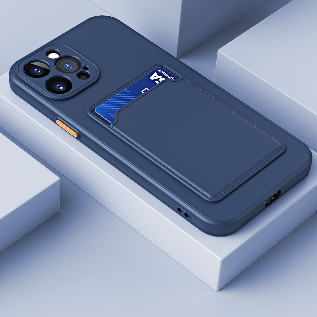 Marineblaue Handyhülle mit Kartenhalter und Telefon im Inneren.