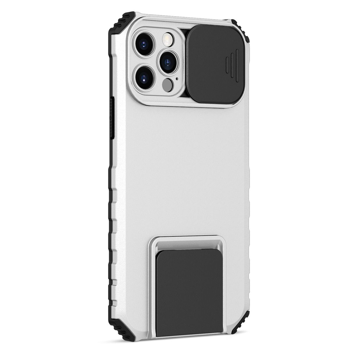 Eine weiße Handyhülle mit schwarzem Kamera-Cover und Ständer, auf weißem Hintergrund.