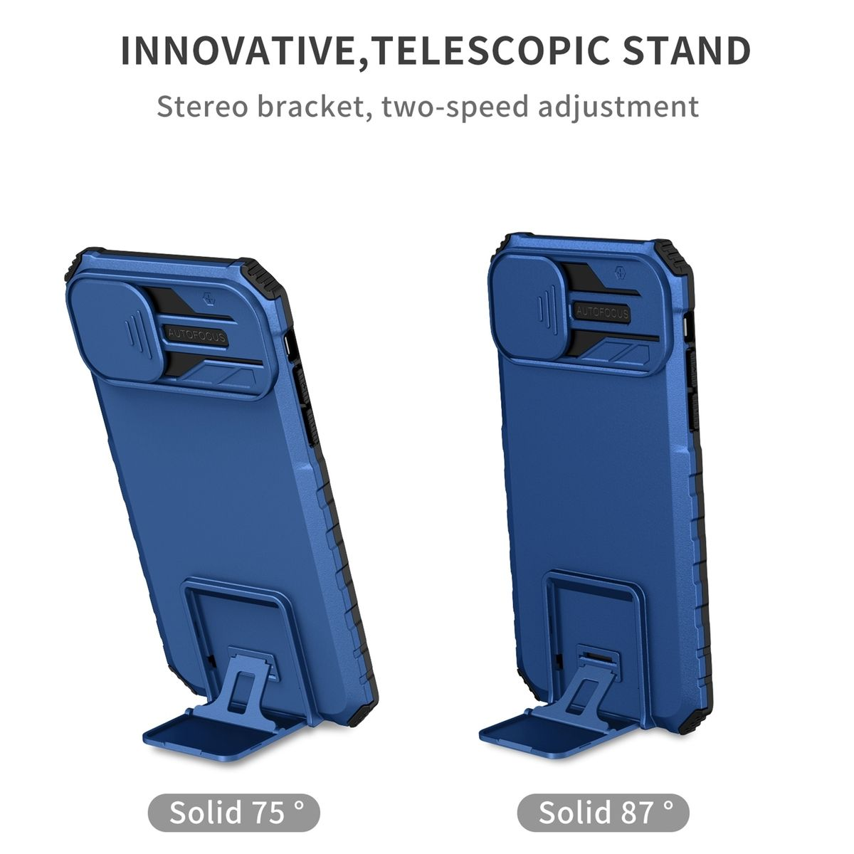 Zwei blaue Telefonhüllen mit Ständer, die verschiedene Winkel zeigen: 75 und 87 Grad. Text zeigt die Winkel.