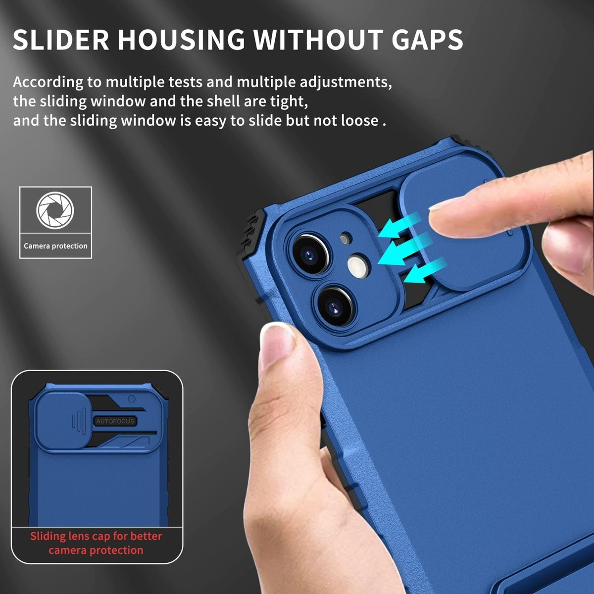 Blaue Handyhülle mit verschiebbarer Kameraabdeckung. Die Abdeckung ist geöffnet. Das Telefon hat einen blauen Bildschirm.