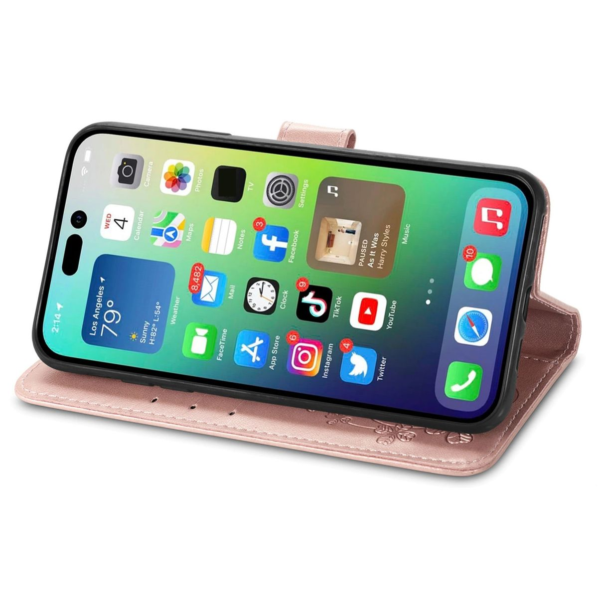 Rosa Handyhülle mit Telefon, das App-Symbole zeigt.