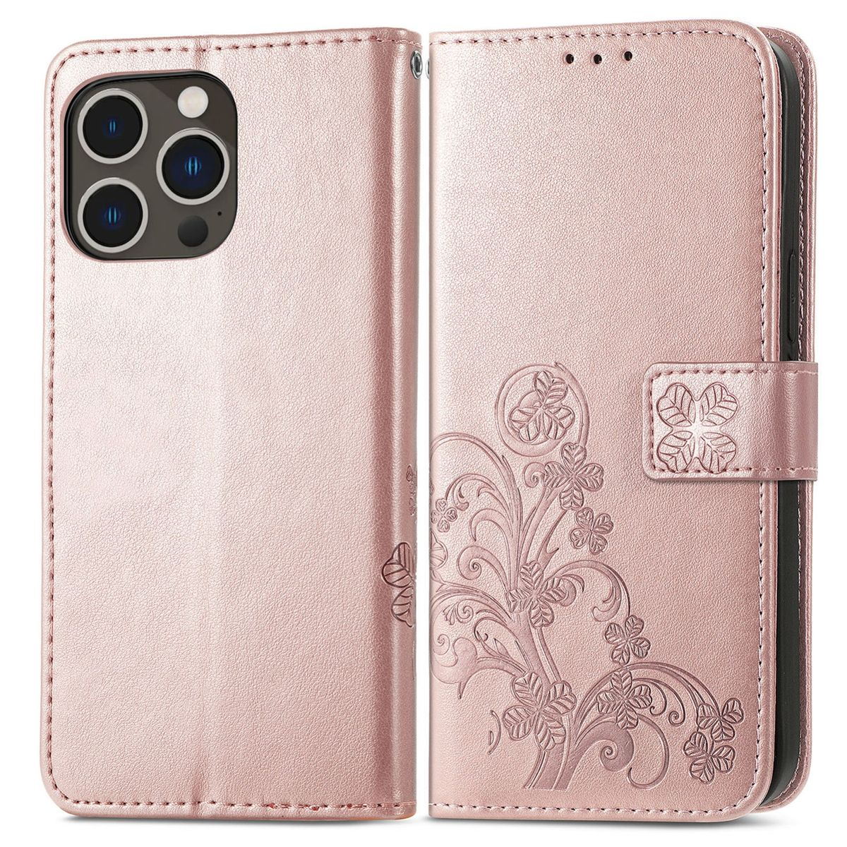 Rosafarbene Handyhülle mit floralem Design und Verschluss. Das Telefon ist nicht sichtbar. Die Hülle ist geschlossen.