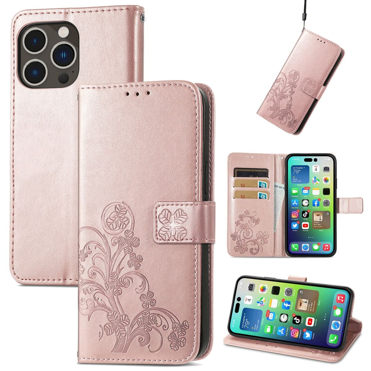 Rosa Handyhülle mit floralem Design. Es werden mehrere Ansichten der Hülle gezeigt.
