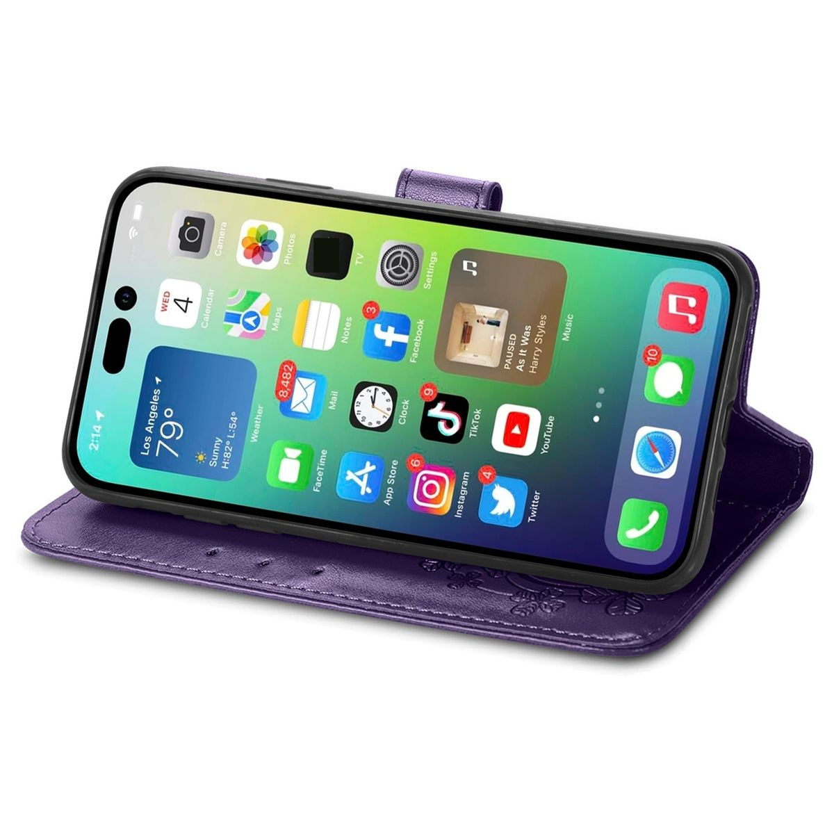 Ein Telefon in einer lila Brieftaschentasche. Der Telefonbildschirm zeigt App-Symbole. Die Hülle ist offen.
